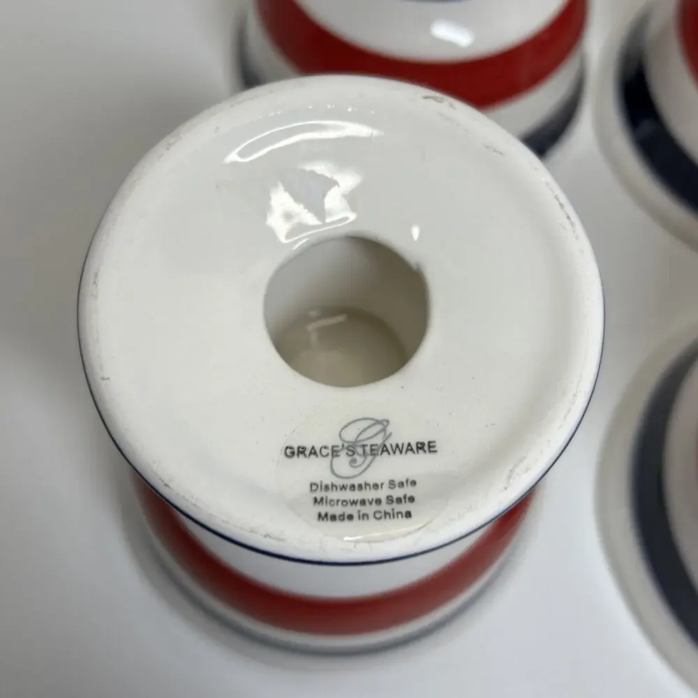 Grace's Teaware ICE CREAM Dessert Bowl Ceramic Blue Red White Striped Qty 4
